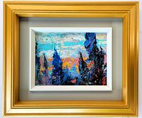 Front view of the framed oil painting showing vibrant abstract forest landscape in gold and white frame.