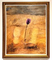 Full view of framed original oil and encaustic painting featuring abstract textured background in brown and beige with a prominent single purple flower in center.