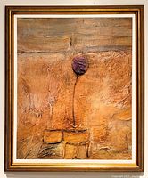 Frontal image of the painting in vintage wood frame, showing textured surface and purple flower detail