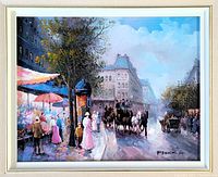Front view of the oil on board painting showing the signed artwork with Parisian street scene, colorful market stalls, pedestrians and horse-drawn vehicles.