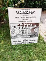 Full view of the framed 1973 M.C. Escher art exhibit poster displayed outdoors on grass in good condition.