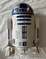 Top-down view of the vintage Star Wars R2-D2 toy showing detailed blue and white dome, body, and legs.