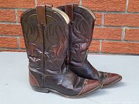 Front angled view of the two brown leather cowboy boots showing decorative stitching and pointed toes with textured leather caps