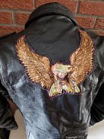 Back of the jacket showing large detailed embroidered eagle patch in shades of gold and brown with red eye.