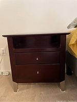 Front view of one bedside table showing 2 drawers and open shelf space below the top