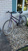 Full side profile of the purple bicycle, showing frame, wheels, handlebars and brakes