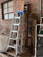 Aluminum Werner multipositional ladder leaning against a brick wall, showing blue label and stair steps.