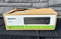 Original product packaging box labeled Sony STR-DH190 with product image and key features listed including HRA audio, 2 channel 100W+100W, phono input, Bluetooth, and FM tuner.