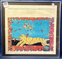 Frontal view of the framed lithograph showing the artwork, frame, and label indicating Impressions/Expressions: Black American Graphics exhibit and details about the gallery dates.