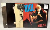 Four classic rock vinyl record albums stacked showing front covers including Billy Idol's Rebel Yell, Santana's Greatest Hits, Whitesnake's Slide It In, and The Doors' L.A. Woman.