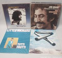 Four vinyl albums: Keith Green 'The Prodigal Son', Jim Croce 'Photographs & Memories: His Greatest Hits', Little Richard 'Tutti Frutti', and Genesis album with crossed tubes artwork.