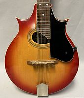 Front close-up of mandolin body displaying sunburst finish, sound hole rosette and pickguard.