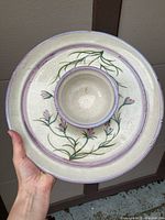 Photo of the front/top showing the chip and dip platter with hand-painted floral decoration and central dip bowl