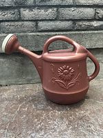 Brown plastic watering can with floral raised design on the side, spout with detachable rose sprinkler, and handle on top and back.