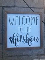 Photo of square wooden sign with black text 'Welcome to the Shitshow' on white background and wooden frame.