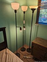 Photo showing three black floor lamps with plastic shades. Two lamps have adjustable reading/task lights. All lamps have round bases approximately 9.5 inches diameter and stand about 69 inches tall.