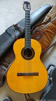 Guild classical acoustic guitar resting on floor with soft gig bag and hard shell case