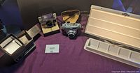 Wide view of the lot showing the Agfamatic Ia camera with leather case, Polaroid One Step camera with flash, Panavue slide viewer, and Eatons Optima slide sorter tray on a purple cloth.