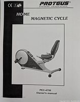 Cover page of the owner's manual showing a black and white image of the Proteus PEC-4750 recumbent bike.