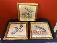 Three knotty bamboo framed bird prints arranged on table against red wall, labels visible