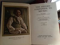 Open book The Oxford Companion to Music showing title page with publication details by Oxford University Press 1970.