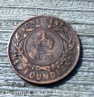 Obverse side of the coin showing the crown with the text 'ONE CENT NEWFOUNDLAND 1913'.