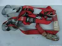 Full view of the Protecta Pro safety harness showing red and gray polyester straps with metal snap hook.