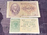 Front view of two Italian banknotes: 1939 5 Lire and 1944 2 Lire, showing portrait and denomination details