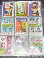 Top view of 9 NHL trading cards displayed in a 3x3 plastic sleeve, showing player portraits and Stanley Cup card