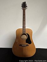 Full frontal view of the Rocker RA-100 acoustic guitar showing natural wood finish, black pickguard, and six strings.