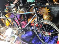 Full side view of Raleigh bicycle showing frame branding, front wheel, handlebars, and pedals.