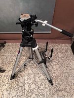 Full view of the Bogen 3036 adjustable tripod with pan and tilt head and handle, showing tripod legs and accessory tray.