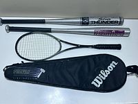 Image showing two aluminum softball bats and a Wilson Profile Hammer squash racket with its cover.