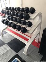 Oblique front view showing full rack loaded with dumbbells