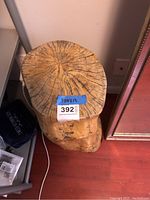 Top view of the tree stump showing natural cracks and growth rings under the matte finish.