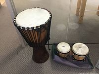 Overview of carved wood djembe next to GP bongos in carry bag