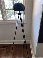 Full view of the floor lamp positioned by a window, showing overall design and condition.