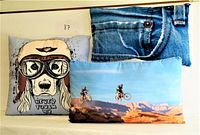 Photo showing two cushions: one with an illustrated dog wearing goggles and helmet, and one with mountain bikers riding on rocky terrain under a blue sky.