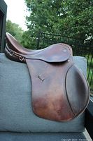 Side view of brown leather Georg Kieffer Aachen AJ saddle showing overall shape and condition