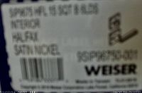 Close-up photo of label with model number and finish: SIP9675 HFL, Satin Nickel, for interior passage doors