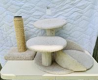 Full lot view showing the cat playground platform, ramp, and scratching post against a white padded background.