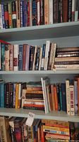 Wide shot showing three shelves of assorted books