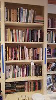 Full view of five shelves with assorted fiction and nonfiction books, a variety of sizes and colors visible.