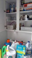 Wide shot of kitchen cabinet with cleaning products on counter and shelves including various detergent jugs, boxes of ECOS detergent and smaller containers.