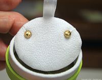 Pair of small gold stud earrings displayed on a white cushioned holder inside a green circular box, showing front textured starburst design.