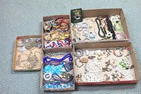 Top view of boxed costume jewelry lot with Boyds Bear pin in packaging and assorted bracelets, necklaces, pendants, and earrings.