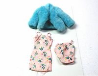 Photo of the turquoise fluffy coat, the pink spaghetti strap floral dress, and the matching pink floral top laid out together on a flat surface.