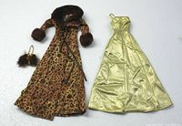 Gold lame Barbie dress with leopard print coat and faux fur purse laid out side by side showing full length and details