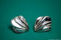 Pair of polished sterling silver leaf shaped earrings with smooth, ridged design, photographed against a green background showing front and side views.