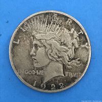 Obverse side of 1922 Silver Peace Dollar showing lady Liberty profile with radiate crown, year 1922, and inscriptions.